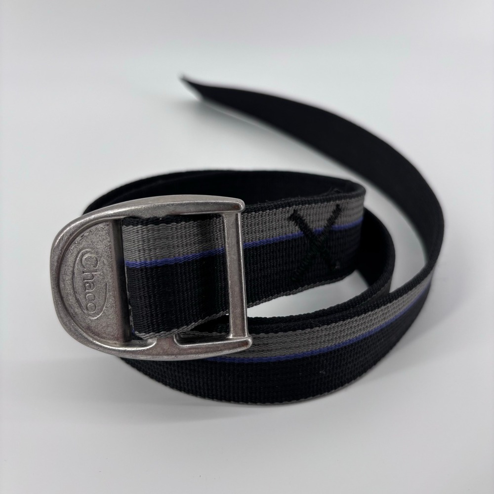 Chaco Metal Buckle Cinch Webbing Belt Mens 44"  Black Gray Blue Stripe